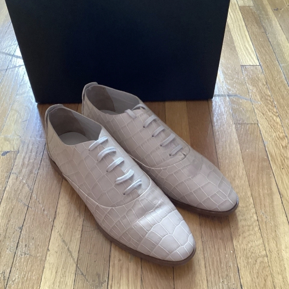 NIB Alexander Wang Ingrid Size 9 Beige Leather Croc Print Lace Up Oxford Loafers